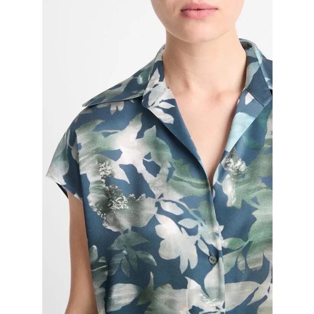 Vince Shimmer Lake Silk Floral Blouse | Cap Sleeve Button Front | XS - Picture 2 of 6